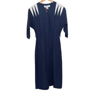 Vintage 80s Navy Power Dress Art Deco Pleated Midi Size 4